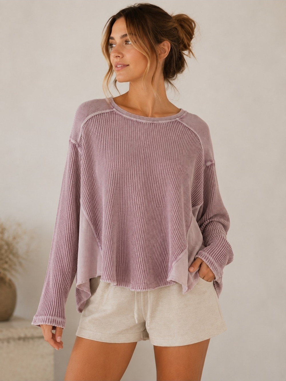 FP One Blake Thermal Top Oversized Waffle Knit Relaxed Boho Loungewear Medium